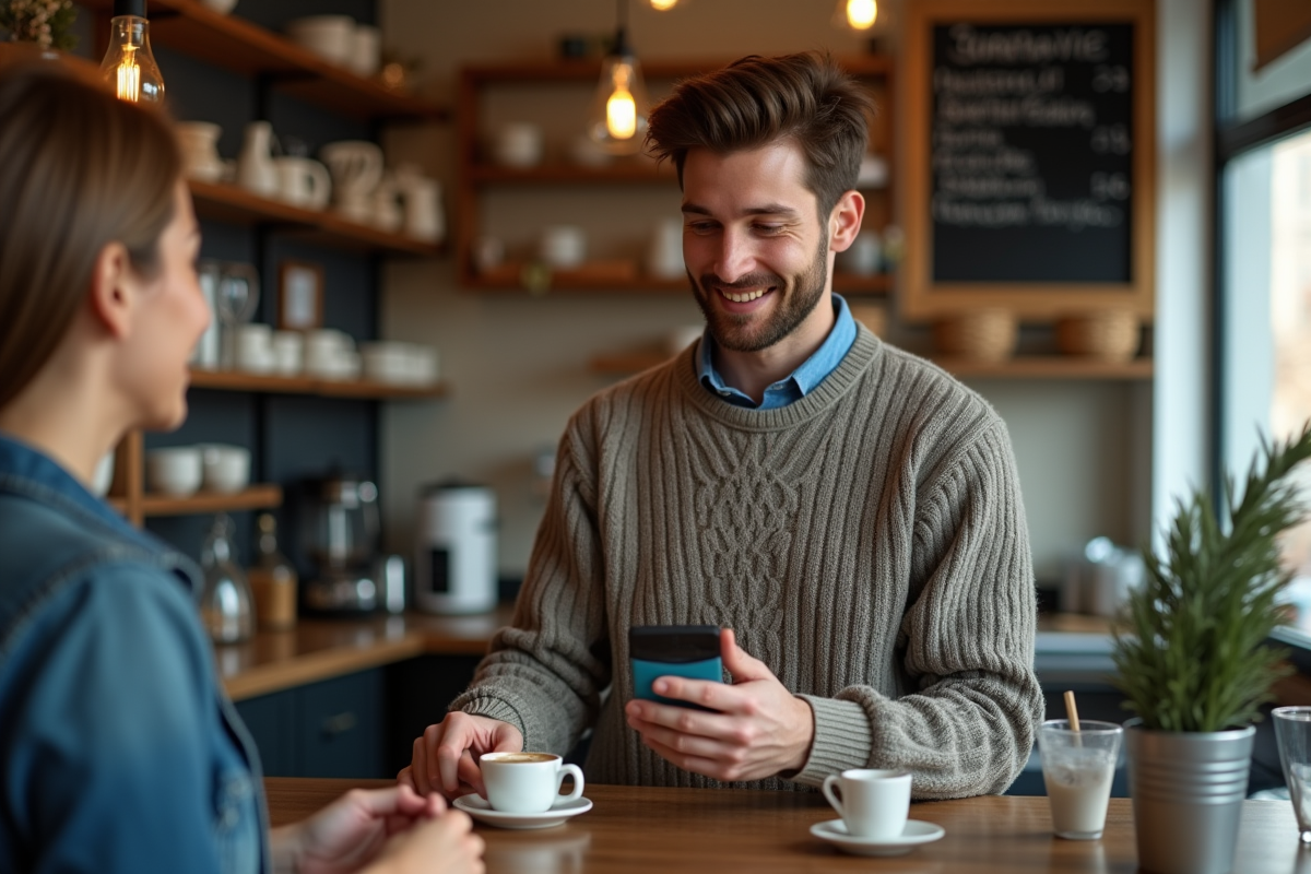 Jeune homme faisant un paiement sans contact au café