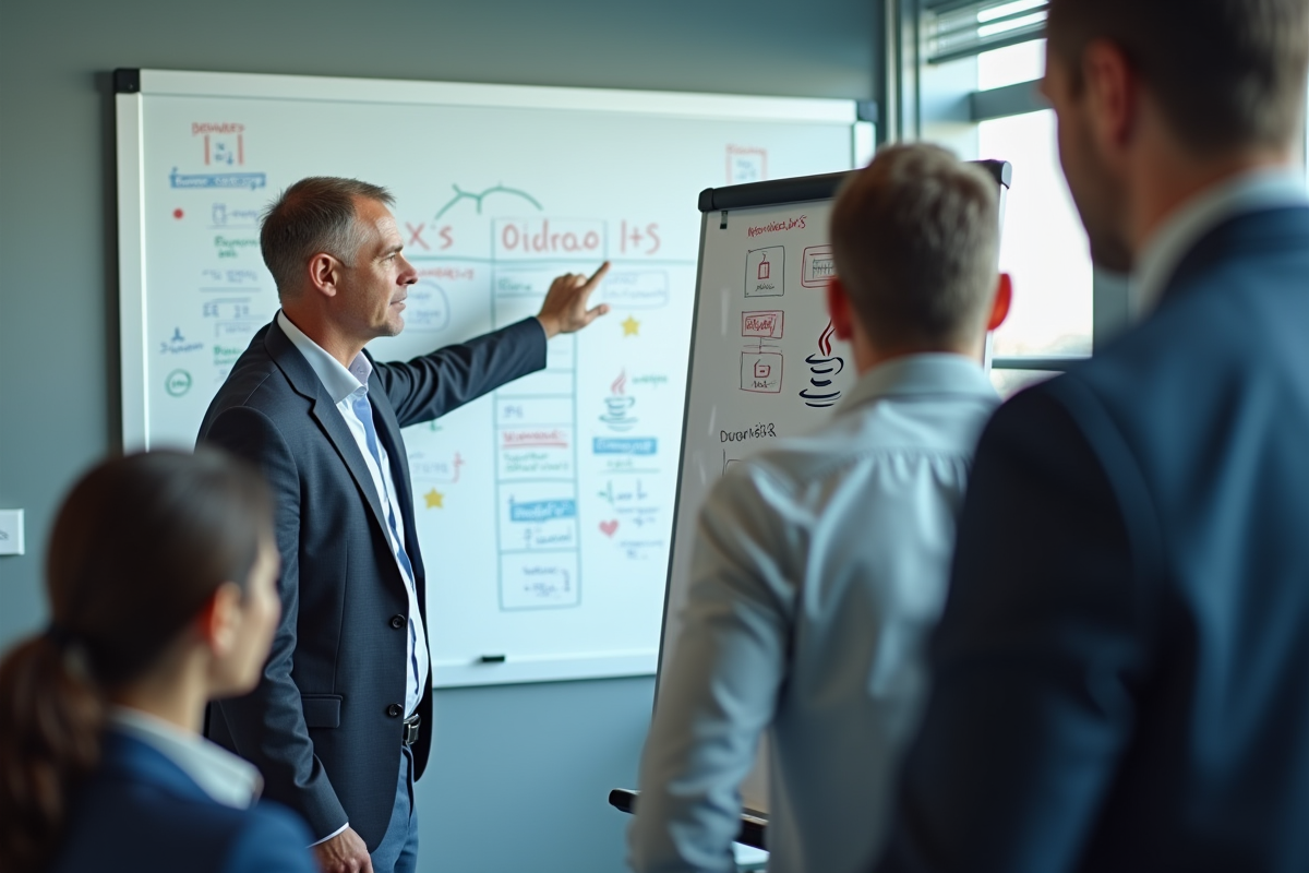 Homme expliquant un diagramme Java en réunion d