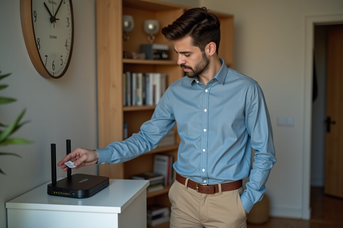 Jeune homme examinant une étiquette sur un routeur WiFi à la maison