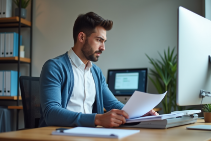Homme en blanc scannant des documents dans un bureau lumineux