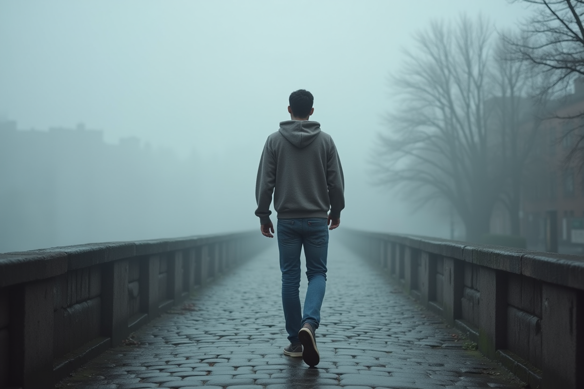 Homme seul marchant sur un pont en brouillard urbain