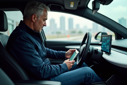 Ingénieur dans une voiture électrique examine un tableau de bord numérique