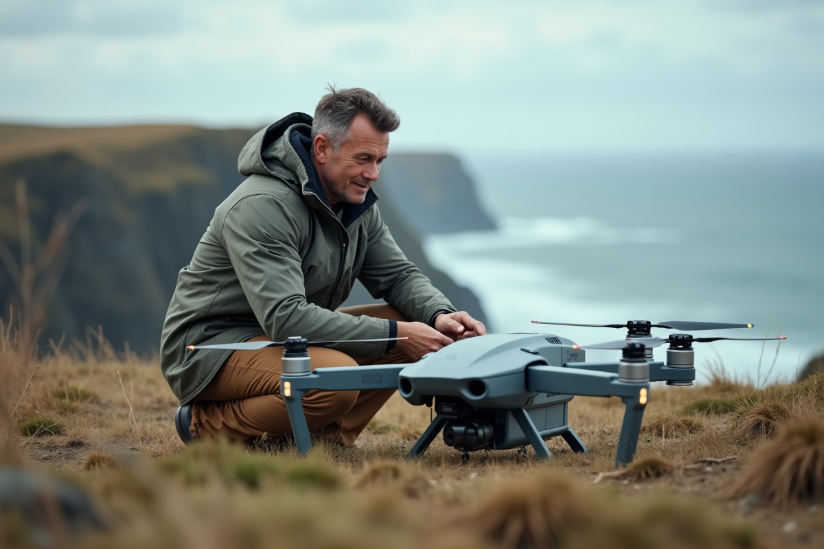 Ingénieur préparant un drone industriel sur falaise côtière
