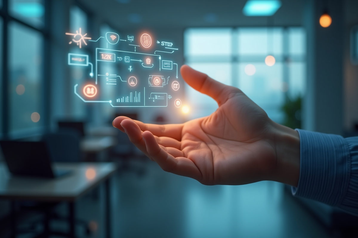 Main touchant une interface digitale avec icones de marketing futuristes
