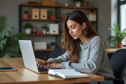 Jeune femme en casual travaillant sur un ordinateur dans un bureau moderne