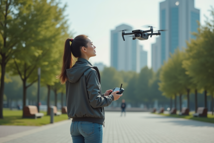 Jeune femme opérant un drone en parc urbain moderne