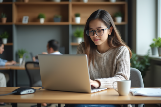 Jeune femme avec ordinateur dans un bureau inclusif