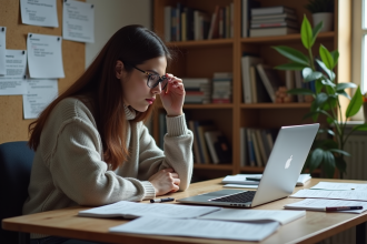 Jeune femme en bureau avec livres de code et notes