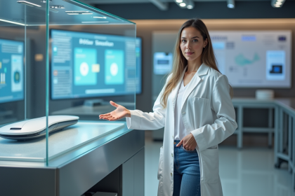 Jeune scientifique femme debout près d'un dispositif futuriste dans un laboratoire moderne