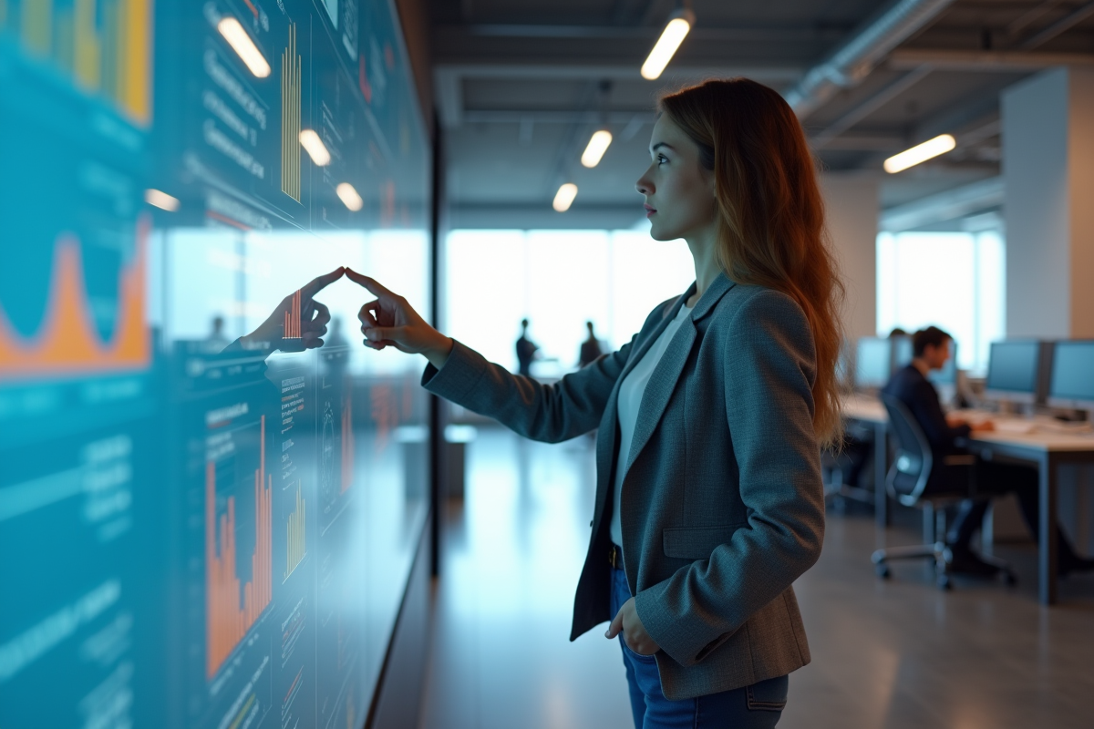 Jeune ingénieure devant mur de visualisation de données