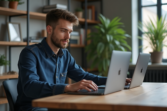 Jeune homme en bureau comparant deux laptops