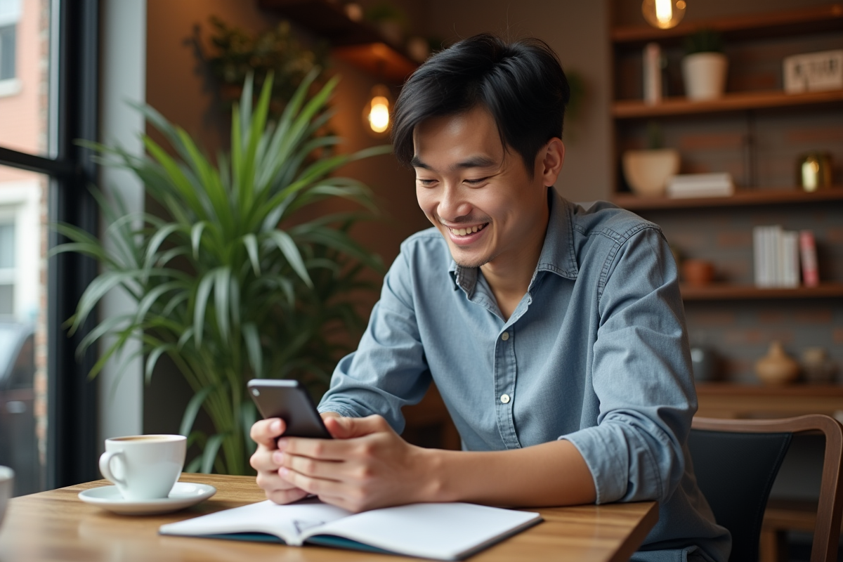 Jeune homme au café utilisant son smartphone après une commande