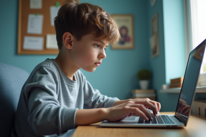 Adolescent concentré sur son ordinateur dans sa chambre