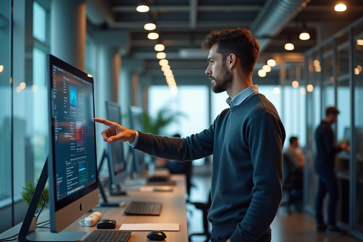 Jeune homme expliquant un affichage multi fenêtres sur son ordinateur