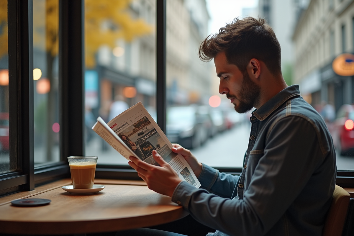 Jeune homme lisant un magazine dans un café urbain