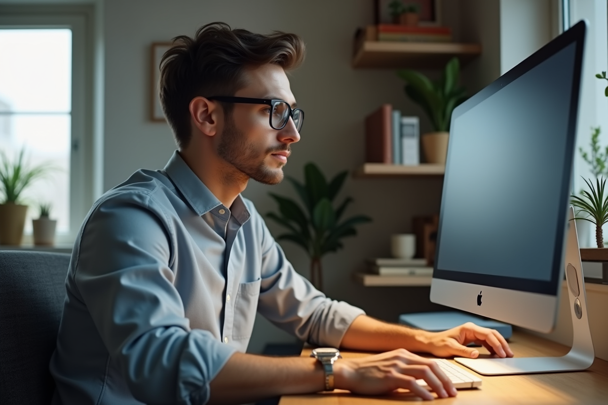 Jeune homme regardant un moniteur eyecare moderne dans un bureau