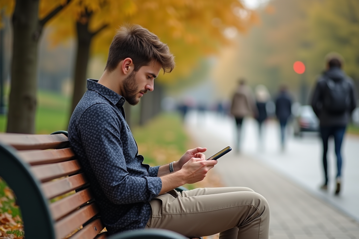 Jeune homme dans un parc utilisant son smartphone pour organiser des flux RSS