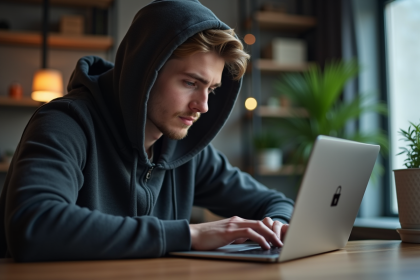Jeune homme en hoodie travaillant sur son ordinateur à domicile