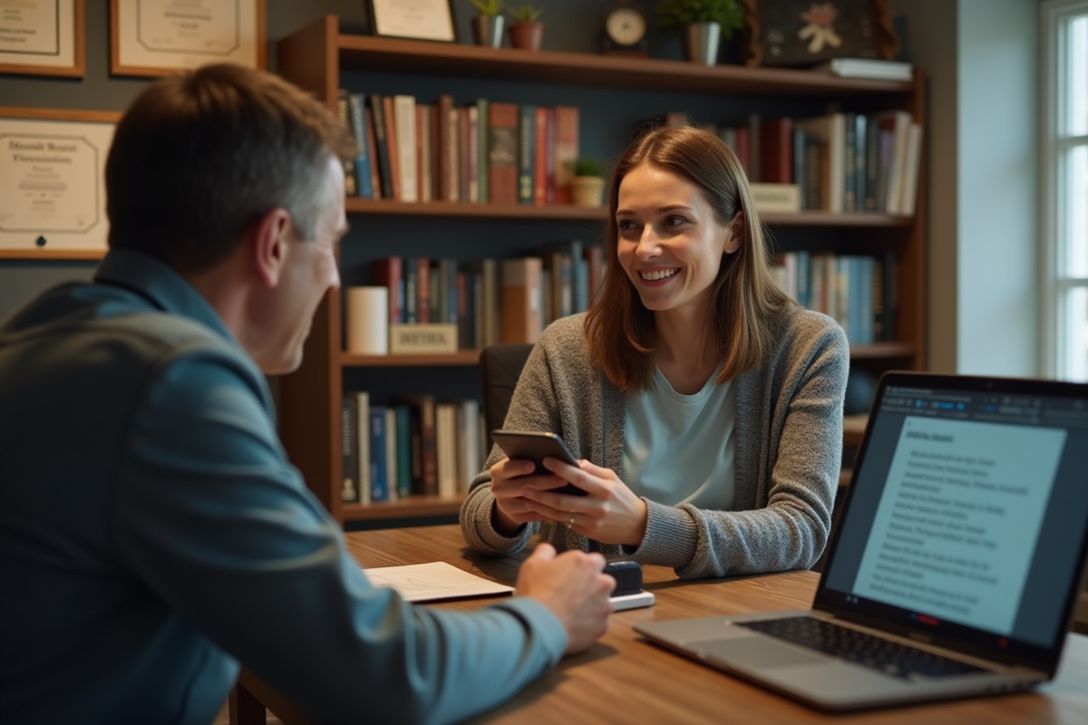 Journaliste interviewant dans un bureau à domicile avec transcription