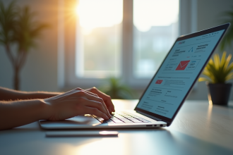Personne tapant sur un ordinateur portable lumineux vérifiant ses emails