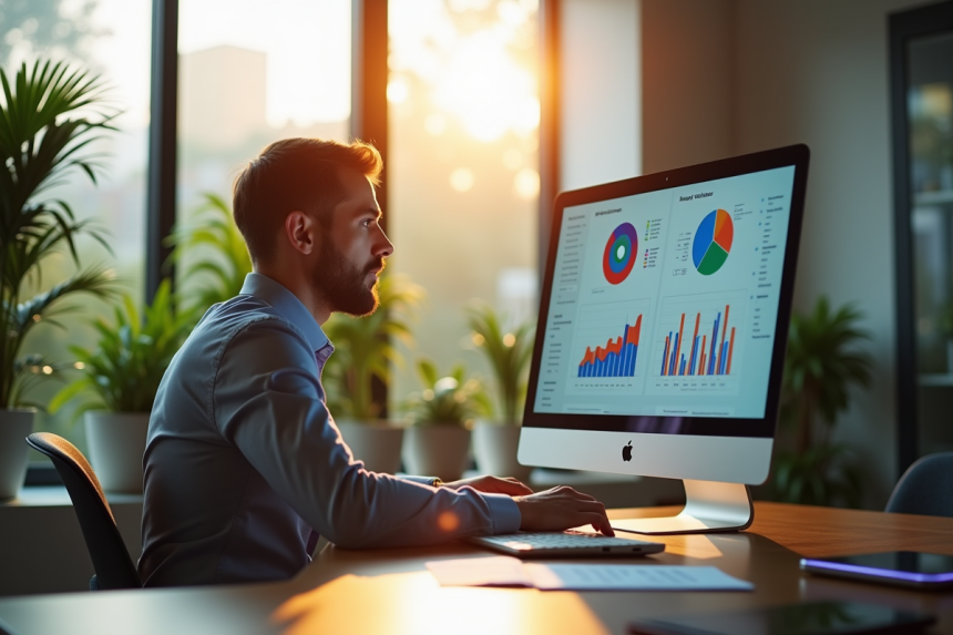 Professionnel d'affaires analysant des graphiques colorés au bureau