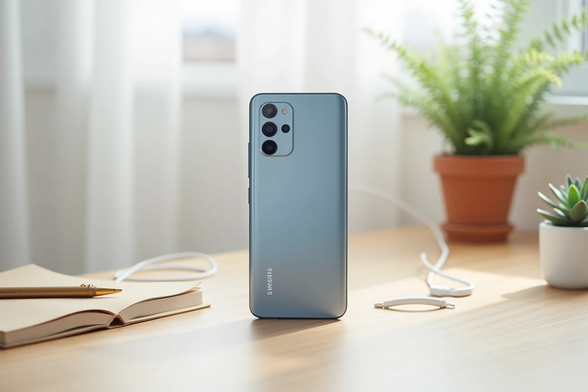 Samsung Galaxy A25 posé sur un bureau minimaliste avec câble de chargement et carnet