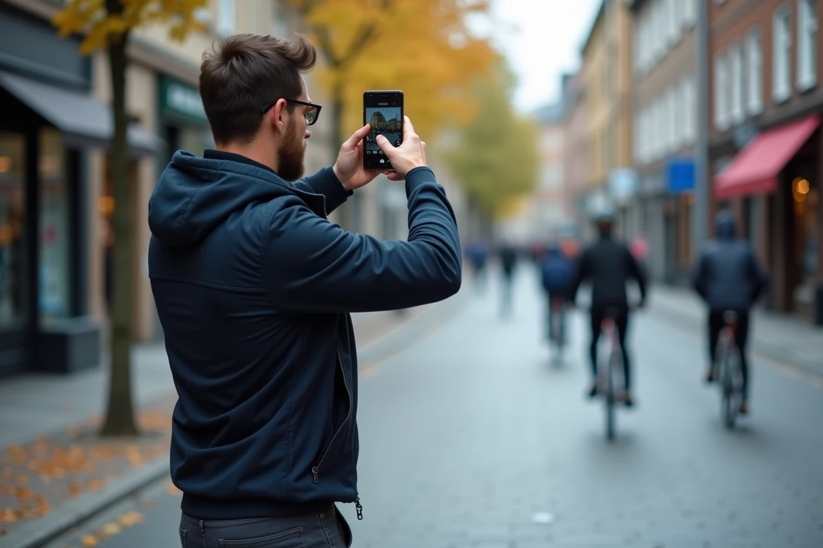 Homme utilisant l'appareil photo du Samsung Galaxy A25 en extérieur en ville