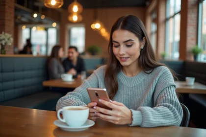 Jeune femme consultant des photos sur un Samsung Galaxy A25 dans un café urbain