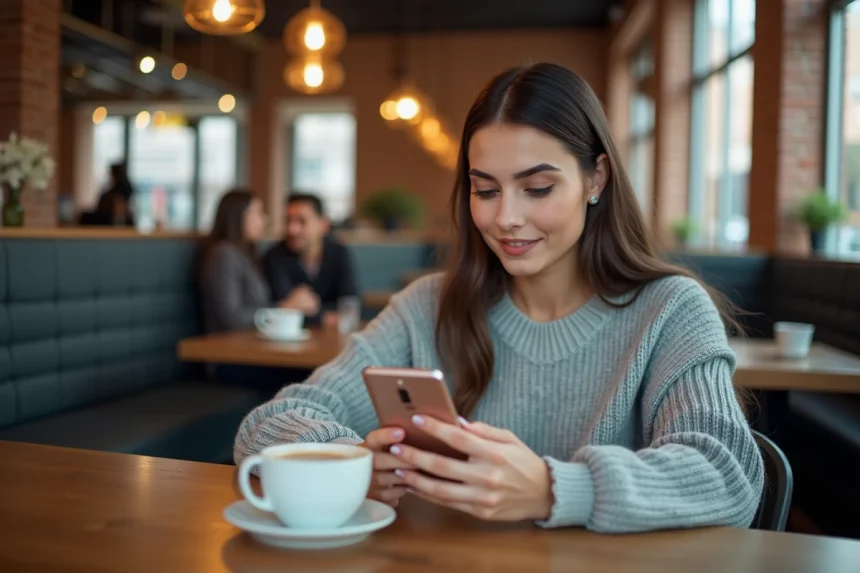 Jeune femme consultant des photos sur un Samsung Galaxy A25 dans un café urbain