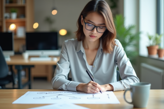 Jeune femme esquissant un schema relationnel au bureau