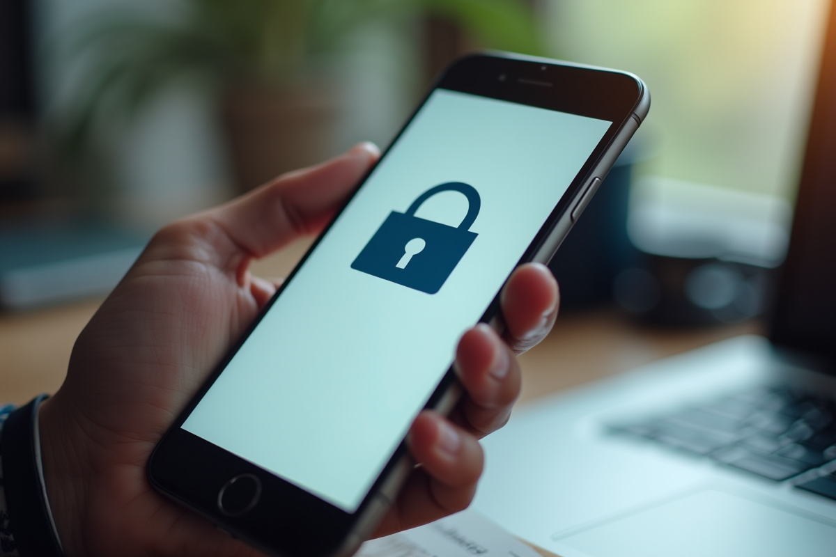 Zoom sur un smartphone affichant une boîte mail sécurisée avec cadenas