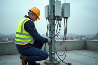 Technicien telecom examinant câbles 5G sur une tour urbaine